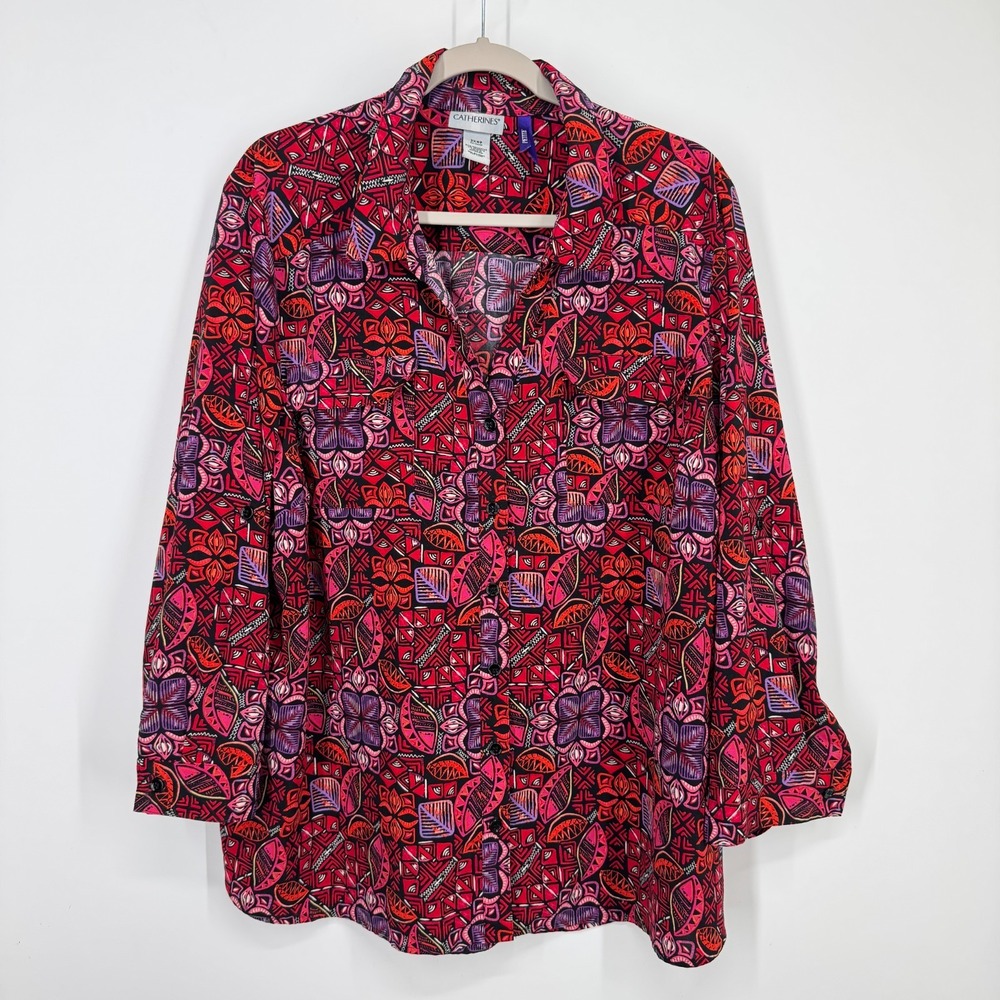 CATHERINES Womens Size 2XWP Button Down Roll Tab Blouse Geometric Petite 24WP